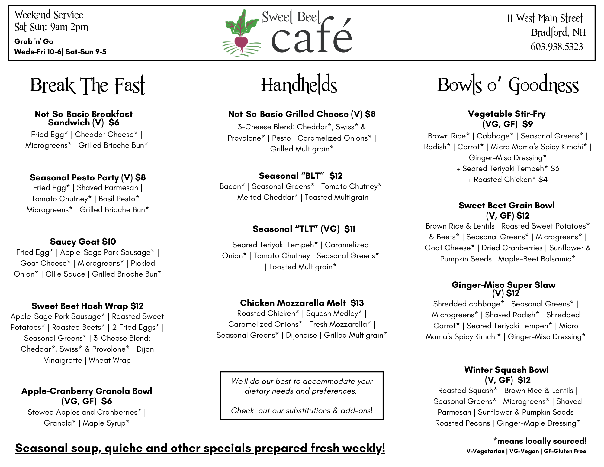 5pm stay and enjoy in the community room or on the porch or take to go on your summer adventures